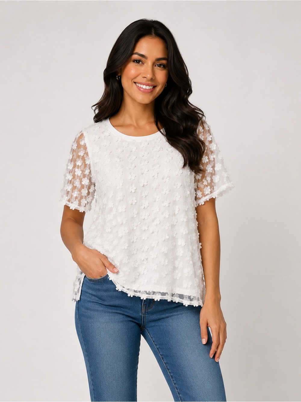 Dennis Basso Knit Top with Floral Mesh Overlay White Size M. / A726169
